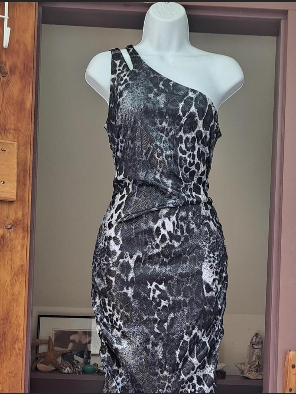 SOLUTION One Shoulder Leopard Print Mini Dress Metallic Snake Print Bodycon